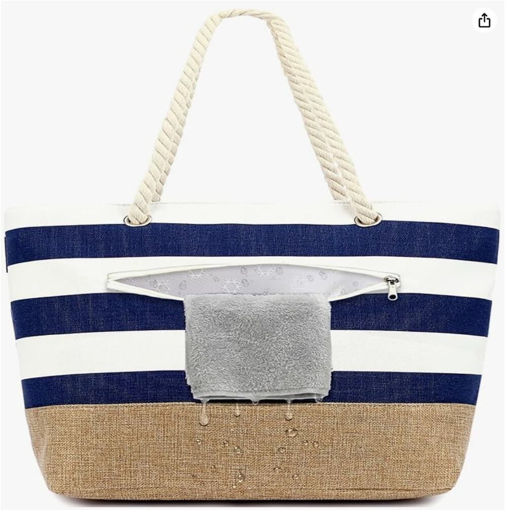 Large Canvas Pool Beach Bag with Waterproof Sandproof Wet Pocket & Zipper- Blue